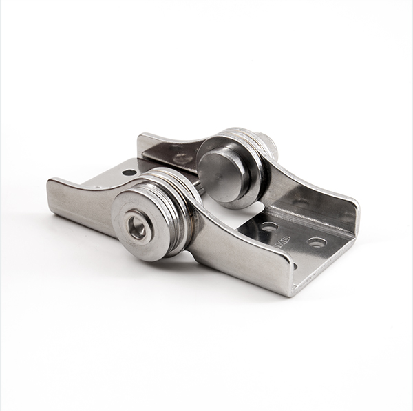 A close-up of a stainless steel torque hinge by Sugatsune America.