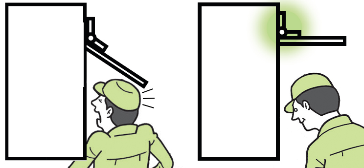 Left, a worker is hit on the head by a falling panel. Right, he is protected by the position control of a torque hinge.