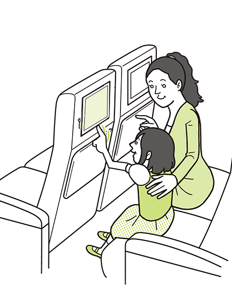 An airline passenger and her daughter use a torque hinge to tilt the entertainment screen on the seat in front of them.
