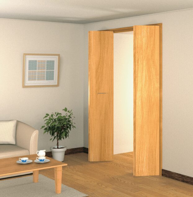 The SFD Self and Soft-Close Folding Door System is a closet folding door hardware solution with no tracks or rails.