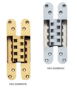 HES-3030 polished brass and satin chrome hinges for a secret door by Sugatsune.