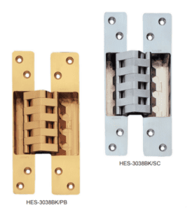 HES-3038 polished brass and satin chrome hinges for a concealed door by Sugatsune.